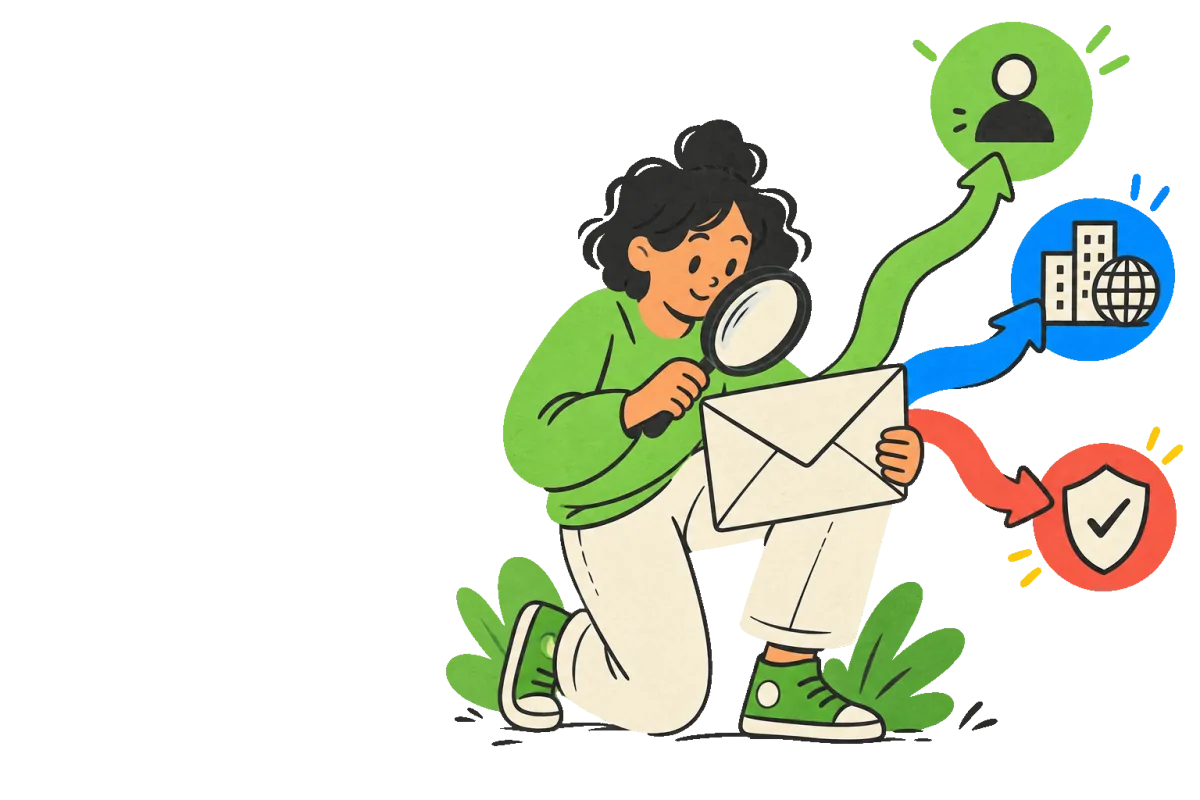Editorial illustration of an email moving between identity, work, and safety routes.